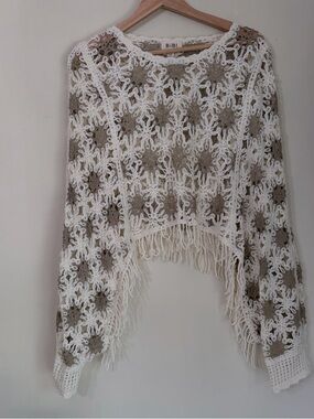Bibi Crochet Fringe Sweater - Cream and Taupe Boho
